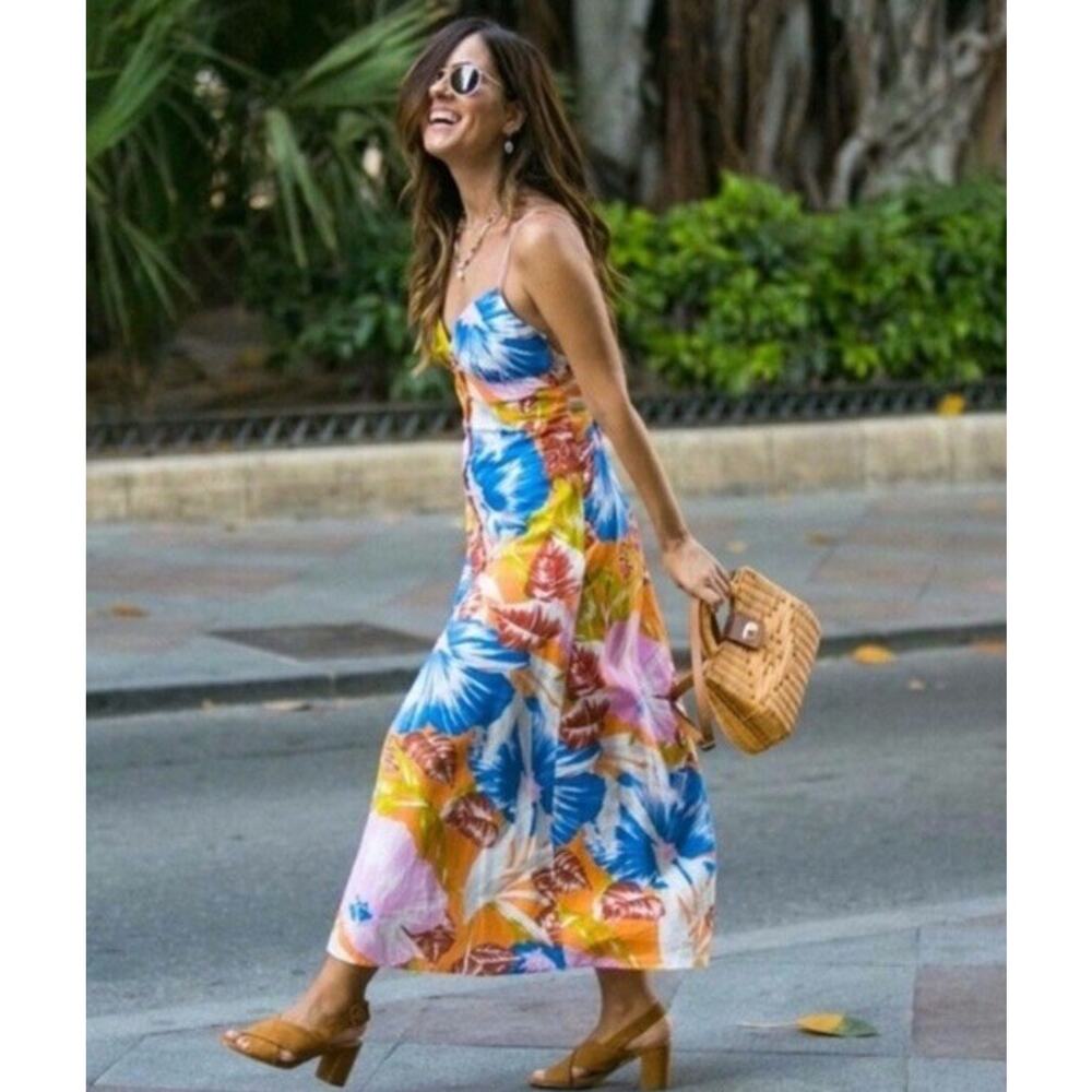 NWT Zara Tropical Floral Midi Dress Linen Blend Blogger Favorite Summer L - Picture 7 of 10